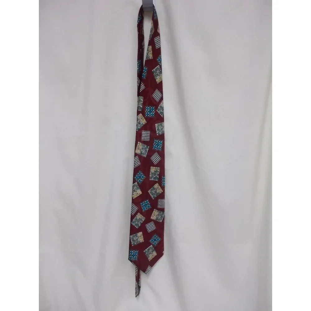 Botany 500 Mens Burgundy Geometric Square Print Necktie Vintage Style